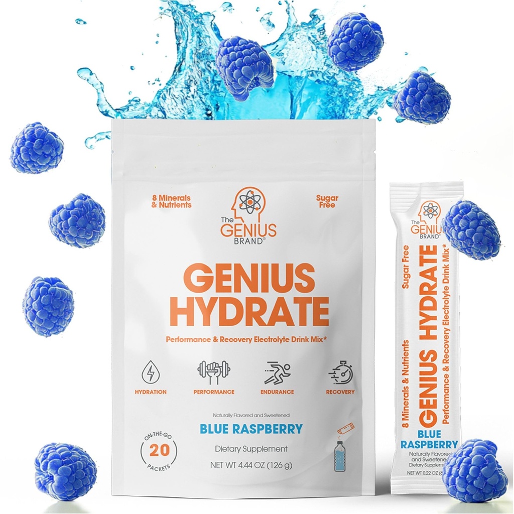 Genius 브랜드 - Genius Hydrate 스틱 팩 파우더 음료 혼합 - Blue Raspberry 풍미, Ultimate Hydration 용 코코넛 워터 및 칼륨과 천연 Electrolyte 부스터 - 20 패킷