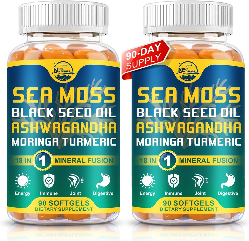 Nature's live Organic Sea Moss Softgels with Black Seed Oil, Ashwagandha, Bladderwrack, Ginger, Burdock Root, Manuka Honey, Immune 시스템, 스킨, 에너지, 90 Softgels, 2 팩