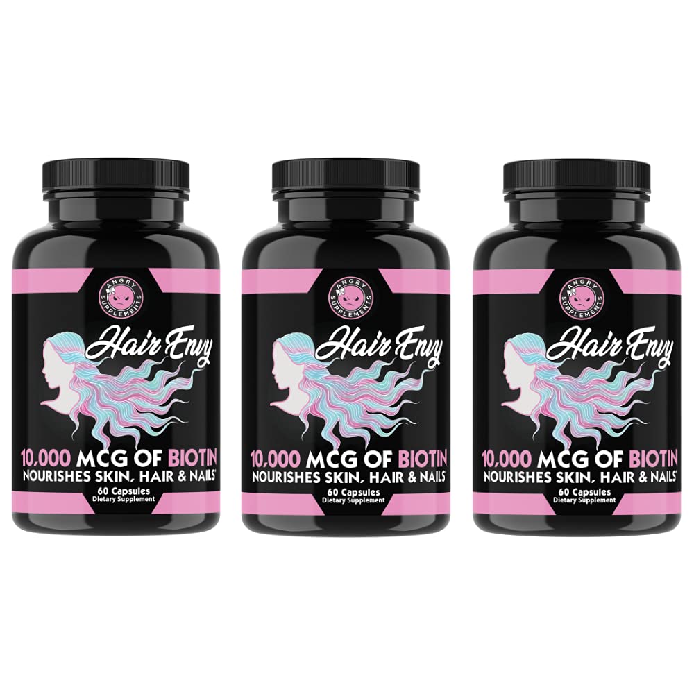 Angry 보충 머리 Envy 10,000 mcg Biotin + Keratin, 성장 + Hydrate 머리, 강화 두껍게 네일, Clear & Nourish 피부 – 도움 손상된 Thinning 머리, (3 병)