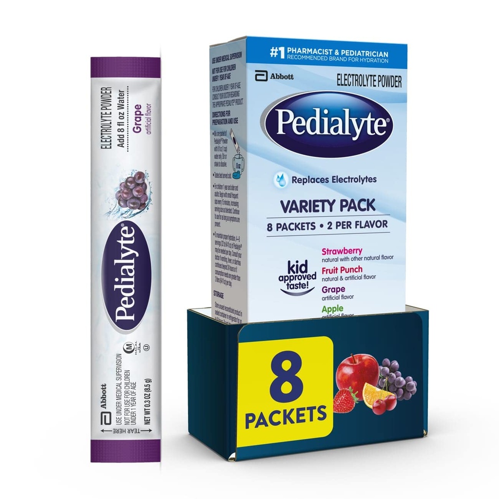 Pedialyte Electrolyte Powder | 아이 & 성인용 히드라시 음료 | 다양한 팩: 포도, 딸기 레몬, 오렌지, 8 분말 패킷
