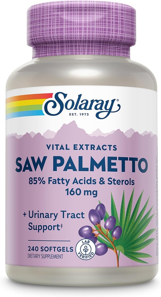 SOLARAY Saw Palmetto Extract - 전립선 건강 및 유린 궤적 지원 - 136 mg 지방산 및 스테롤 - 실험실 검증, 60 일 환불 보증 (240 서빙, 240 Softgels)