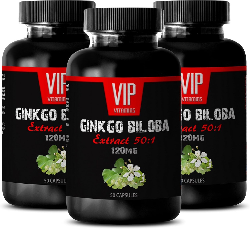 VIP VITAMINS Ginkgo biloba 대 청소년 - Ginkgo Biloba 잎 120mg - 건강한 두뇌 기능 (3 병 - 150 캡슐)
