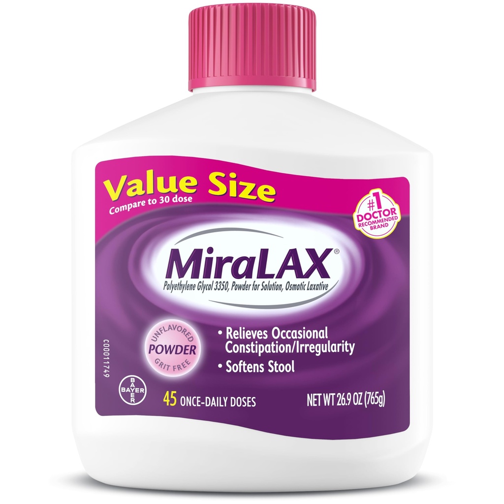 MiraLAX Laxative 분말, 성인, PEG 3350, Nonstimulant Laxative, Harsh 부작용 없음, Osmotic Laxative, 45 복용량을 가진 Stool Softener를 위한 Gentle 변비 구호