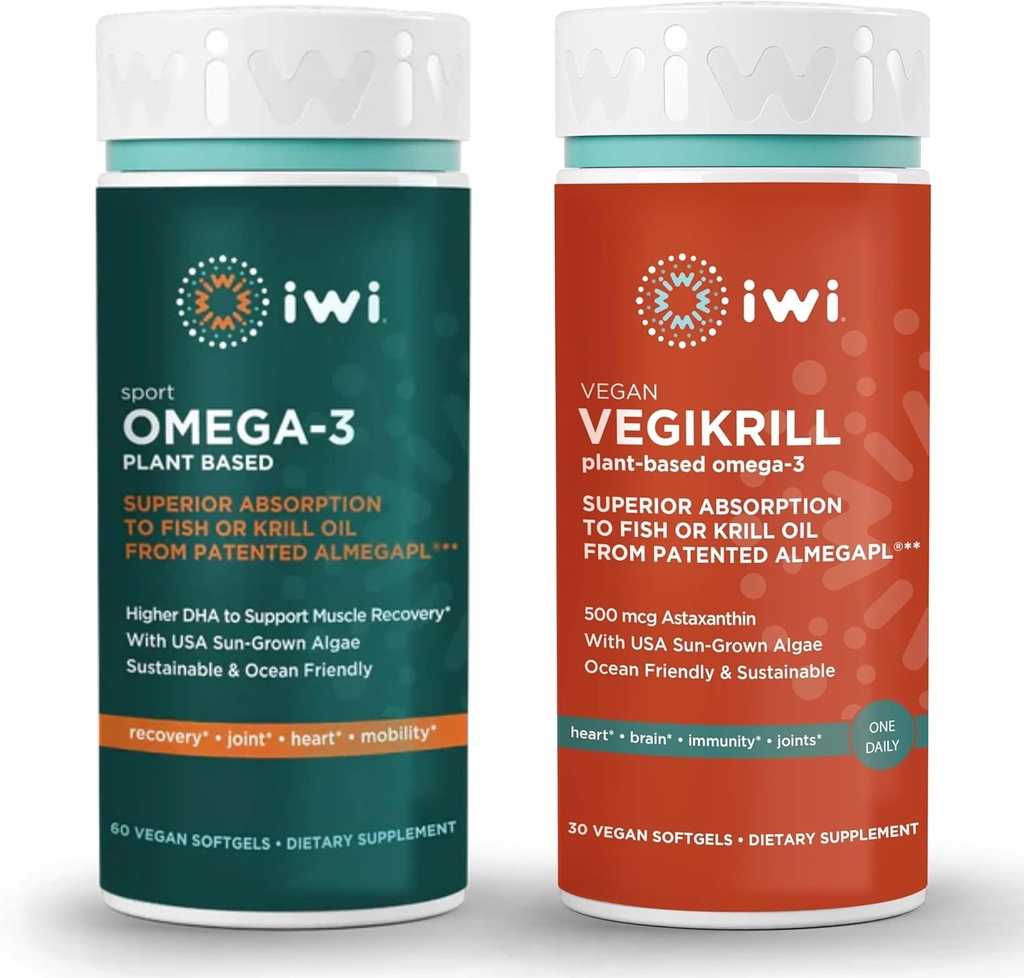 iwi Omega-3 Sport & Vegikrill Omega-3 번들, 30 서빙, Vegan Plant-Based Algae Omega 3 EPA + DHA, Krill & Fish Oil Alternative, No Fishy Aftertaste