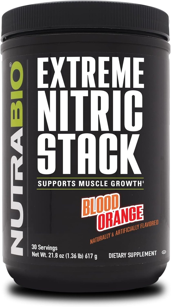 NutraBio Extreme Nitric Stack, Nitric Oxide 및 Cell Volumizing 공식 - 30 서빙 (Blood Orange)