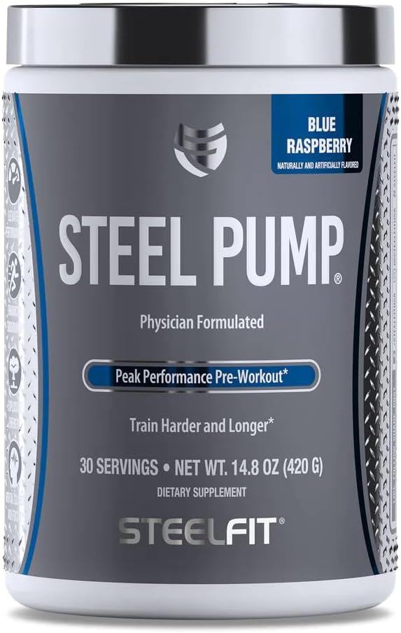 SteelFit Steel Pump | Advanced Pre Workout Powder & Nitric Oxide Supplement | Blue Raspberry, 30 서빙 | 근육 건물 및 복구 | Peak ATP, Ashwagandha 및 Electrolytes로 제작