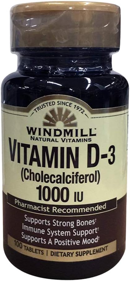 풍차 자연적인 비타민 비타민 D-3 Cholecalciferol 1000IU 규정식은 100개의 정제 (포장의 2)를 보충합니다