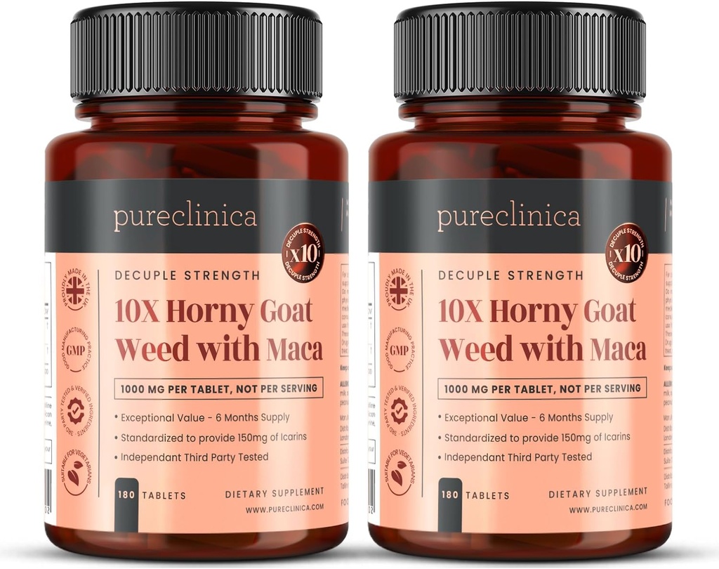 10X Horny Goat 잡초 추출물 (3750mg) 마카 추출물 (2500mg) x 360 정제 (2 병 180) - 1 년 공급
