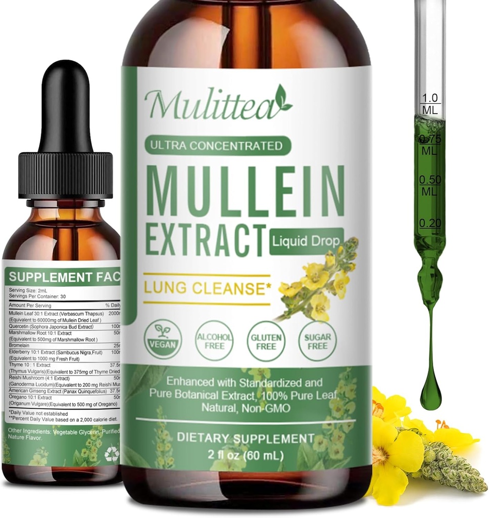 Lungs & Lymphatic 배수를위한 Mullein 드롭 - Lung Cleanse & Detox- Vegan Mullein 잎 추출물 지원 면역, 호흡기 소화 -9 강력한 초본 보충 - 액체