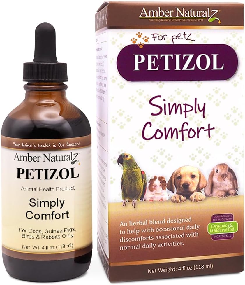 AMBER NATURALZ Petizol은 단순히 개, 새, 토끼를위한 초본 보충을 편안하게합니다 | Occasional Discomfort 및 Normal Body Temperature에 대한 지원 | 4 유체 Ounce Glass Bottle | 제조 미국