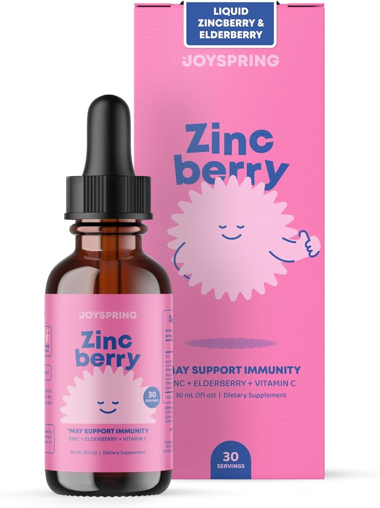 JoySpring ZincBerry - 아이 아연 & 비타민 보충 (1개 fl oz) 아이 2-16+를 위한 Elderberry 풍미를 가진 면역 지원 하락 10 년