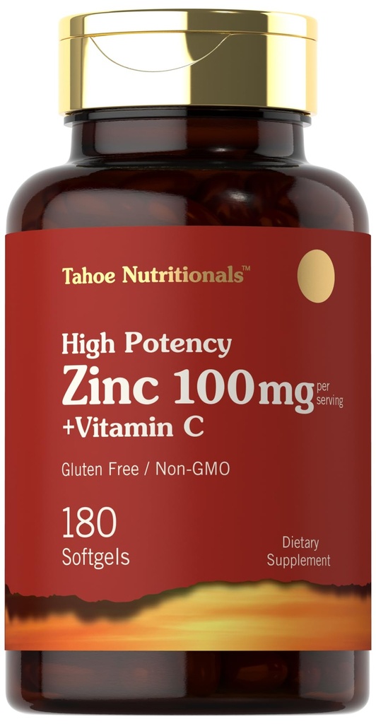 비타민 C를 가진 Carlyle 아연 보충교재 100mg | 180 Softgel | Non-GMO, 글루텐 무료 | 타호 영양