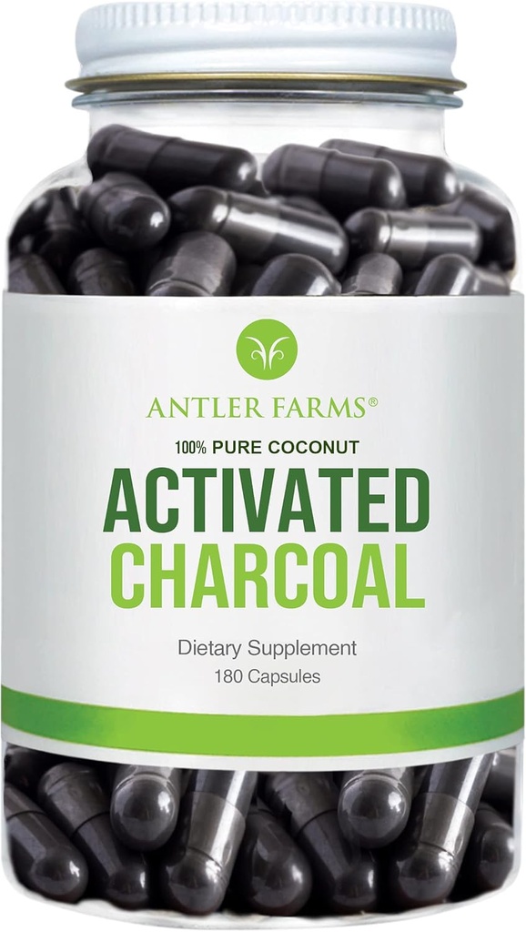 Antler 농장 - 100 % 순수 코코넛 활성화 숯, 180 캡슐 260mg - 야생 수확, 버진 코코넛 쉘, USP 음식 급료, 증기 활성화, 울트라 Fine