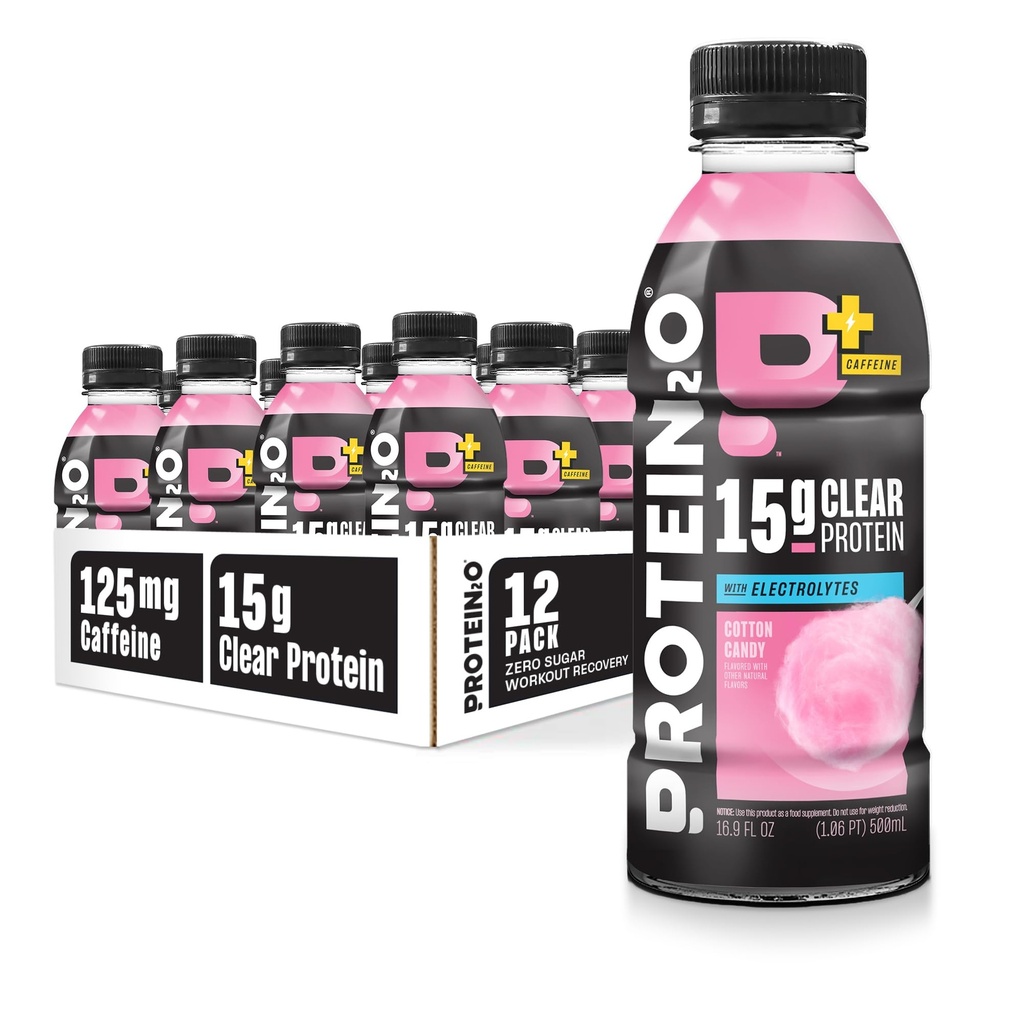 Protein2o 15g Whey Protein Isolate Hydration 음료 플러스 에너지 및 초점, 전해질의 350mg, 비타민 B5 & B6, 설탕 무료, 면 캔디, 16.9 oz 병 (12 포장)