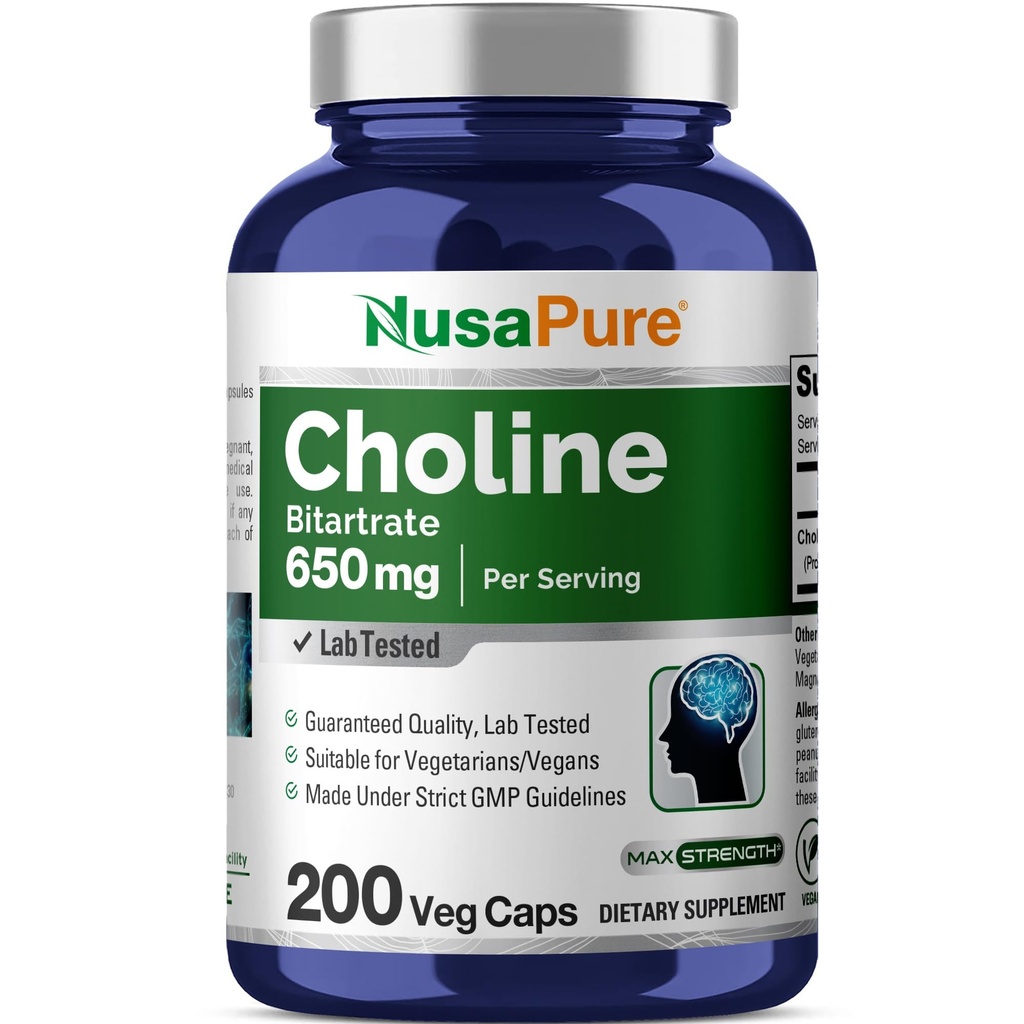 NusaPure Choline Bitartrate 650 mg 200 Veggie 캡슐 (채식, 비 GMO, 채식)