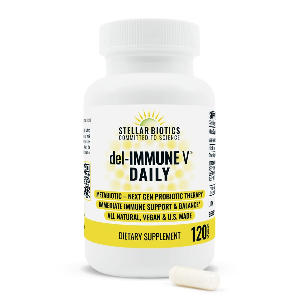 Del-Immune V® Daily by Stellar Biotics, All-Natural Immune Support & Gut Health, Immediate Care, Metabiotic : NextGen Probiotic 치료 (120 모자)