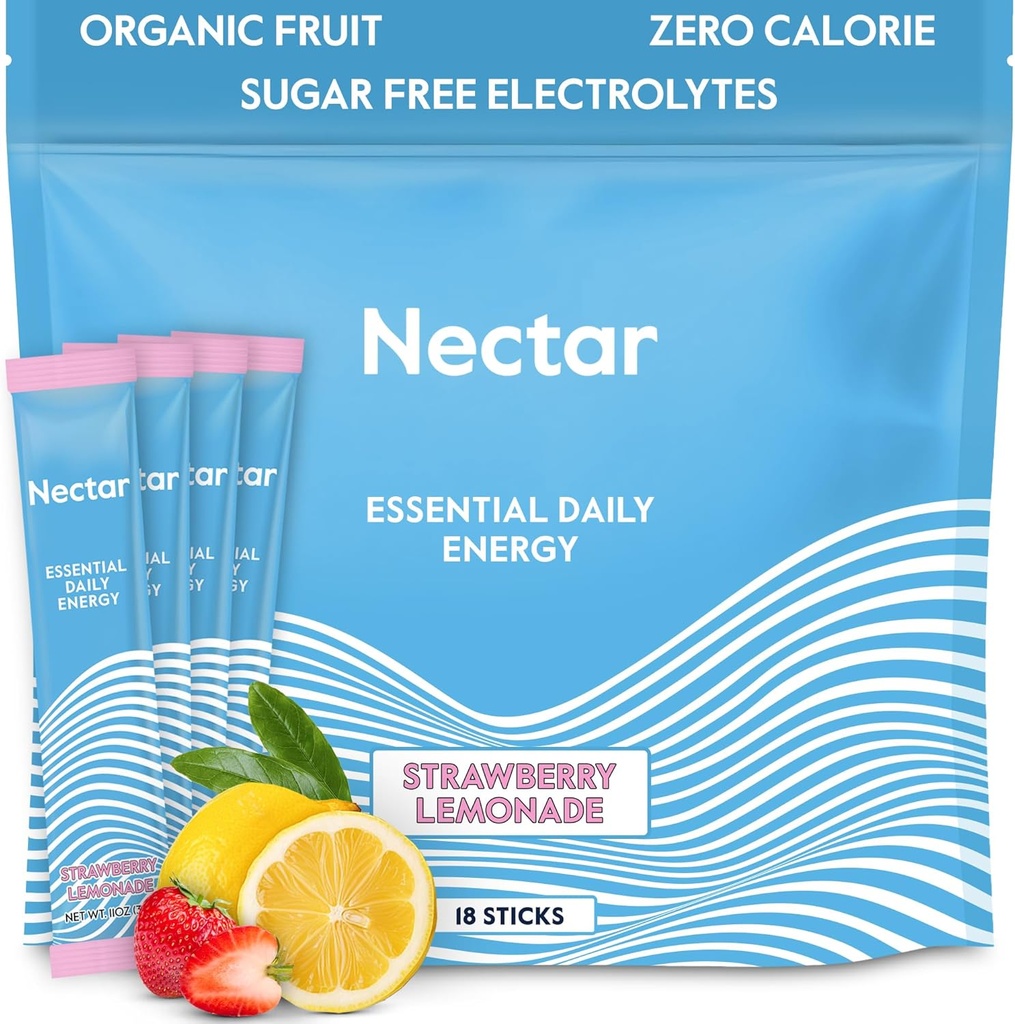 Nectar Energy Booster - 유기 카페인, B12 & Electrolytes - Sugar Free & Zero Calorie - 건강한 커피, 에너지 음료 및 소다 대안 - Hydration & Energy Supplement (Straw. Lemonade 18 패킷)