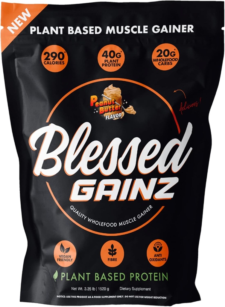 BLESSED Gainz Vegan Protein Powder Mass Gainer - 40g 공장 기반 단백질 분말 - 완두 단백질 분말과 식사 교체 Shake - Vegan Protein Shake - 40 서빙 (Peanut Butter)