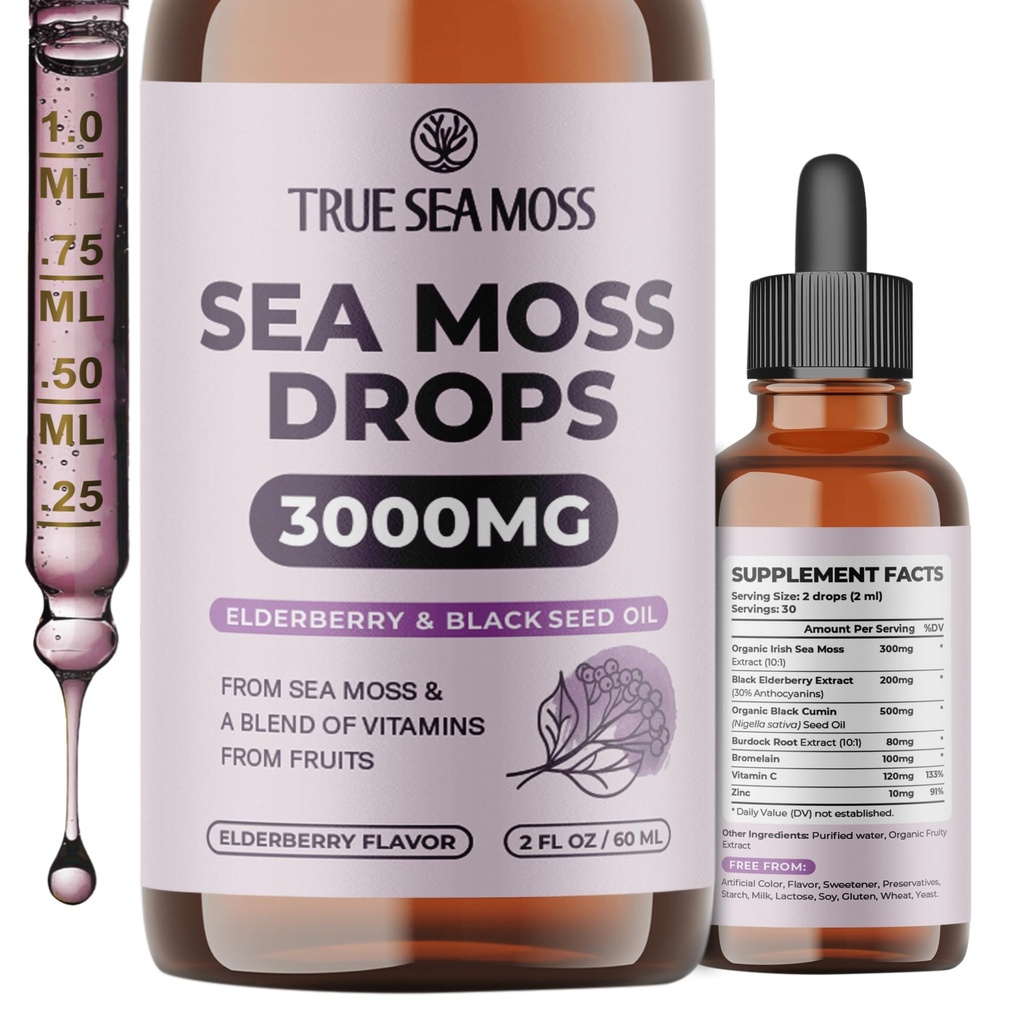 TrueSeaMoss Irish Sea Moss Drops - 5X 더 강한 바다 Moss Gel - 92 + 에센셜 미네랄 - 블랙 엘더베리, 버드 록 루트 & 블랙 Cumin - 2 Fl Oz (60ml) - 엘더 베리 풍미
