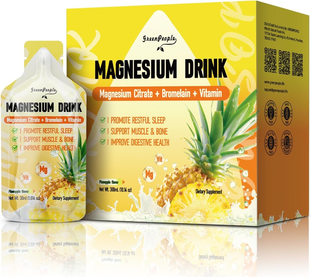 GREENPEOPLE 7-in-1 마그네슘 구연산염 액체, 마그네슘 구연산염은 280mg 마그네슘, 아연, Bromelain, 비타민 C D3 B6, 아이들 & 성인, 1 fl.Oz (10Pcs)를 위한 근육 & 수면 지원을 가진 음료를 마십니다