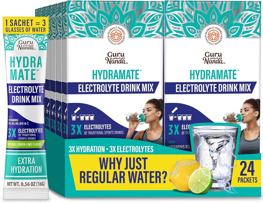 GuruNanda Hydramate Hydration 지원 음료 혼합 - 탈수, 운동 및 에너지를위한 전해질 분말 패킷 - 추가 감미료, 비 GMO, 천연 레몬 라임 풍미 - 24 개 (각 0.56 oz)