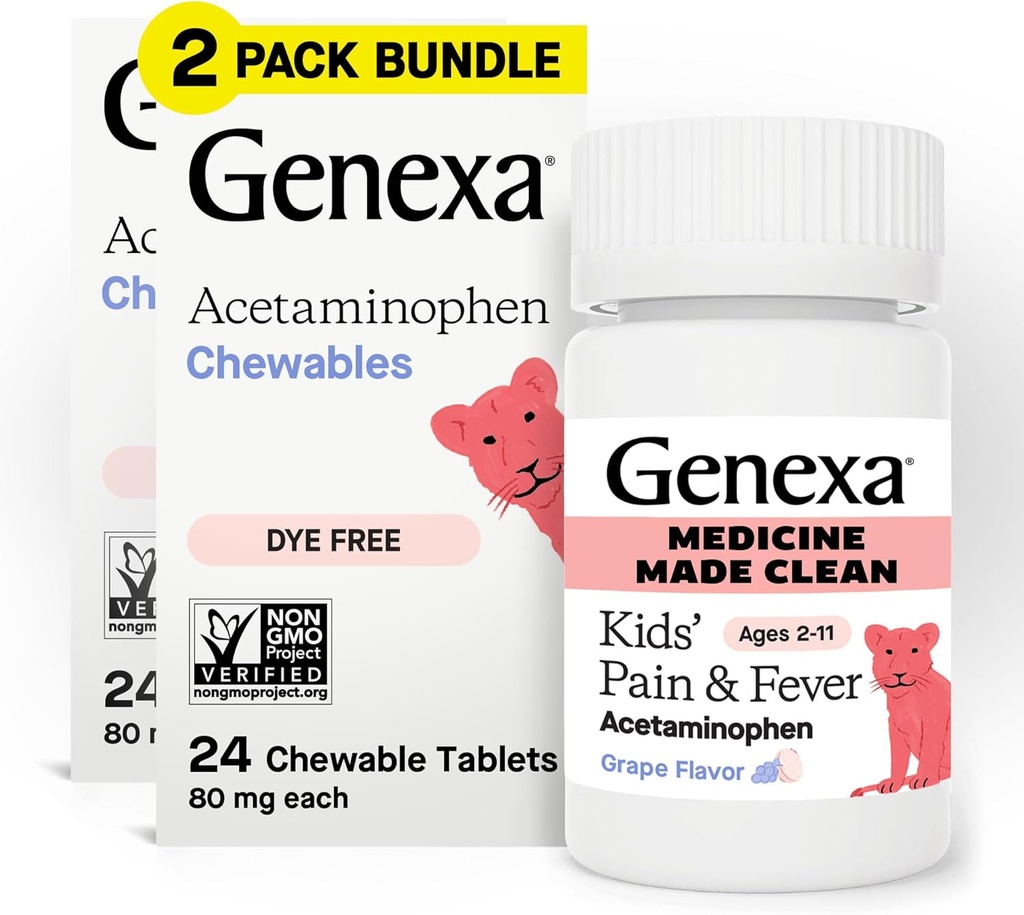 Genexa Kids’ Clean Pain & Fever Acetaminophen Chewables, 염료 무료, 0% 인공 첨가물, Delicious 포도 풍미, 어린이 2-11, 정제 당 80 mg, 48ct (2 팩)를 위한 Chewable 약