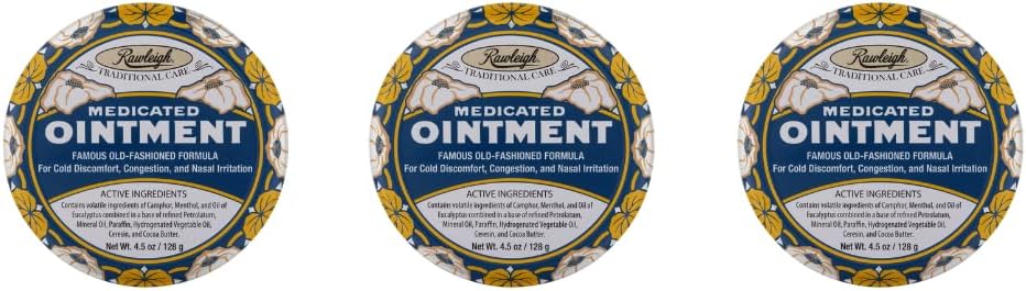Rawleigh Medicated Ointment : 4.5 oz Blue Tin, 콜드, Nasal Congestion, Minor Aches 및 Pain, Camphor, Menthol & Eucalyptus, Non-Greasy Formula - 팩 3