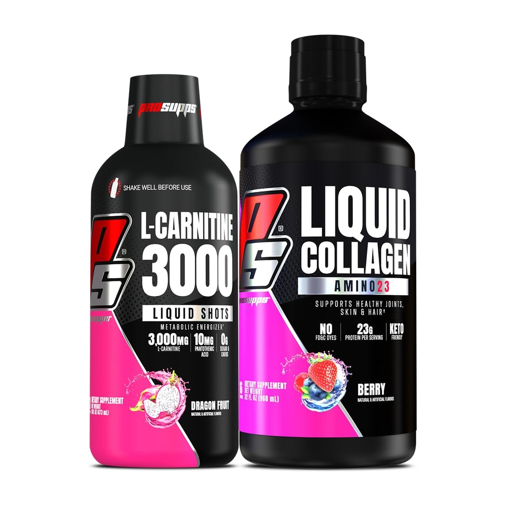 PROSUPPS L 카르니틴 3000 자극제 자유로운 액체 탄 (Dragon 과일) Amino23 액체 교원질 탄 (베리) 뭉치