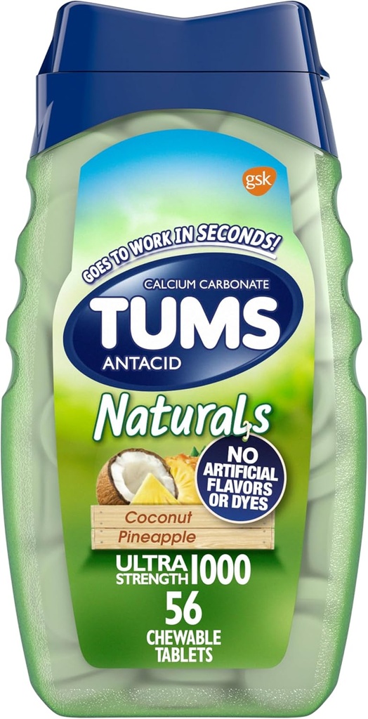 TUMS Naturals Chewable Ultra Strength Antacid Chews for Heartburn Relief, 코코넛 파인애플 - 56 카운트