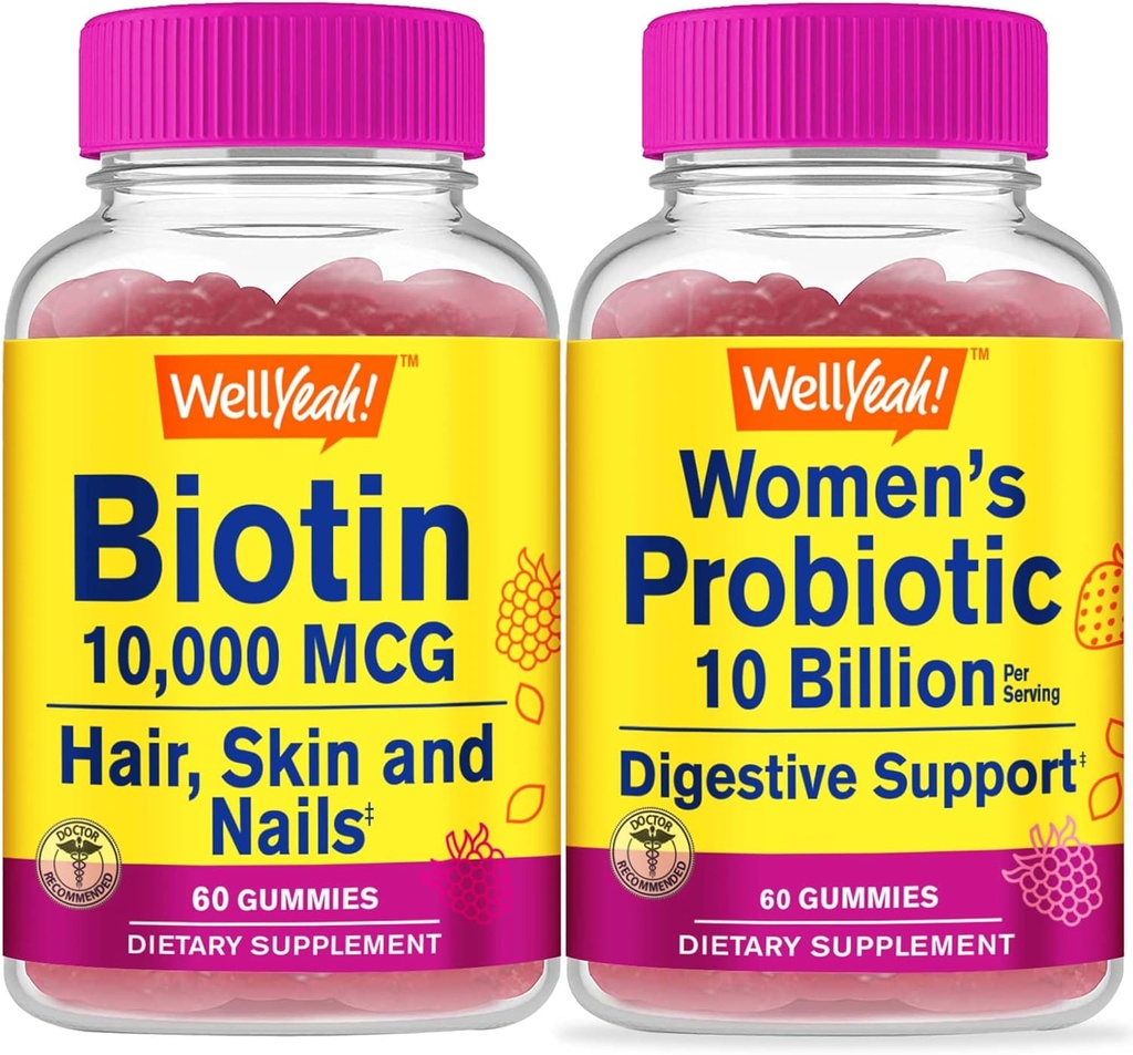 WellYeah 높은 효능 Biotin + Probiotics Women 10B CFU, Gummies Bundle - 훌륭한 타스팅, 비타민 보충, 글루텐 무료, GMO 무료, Chewable Gummy
