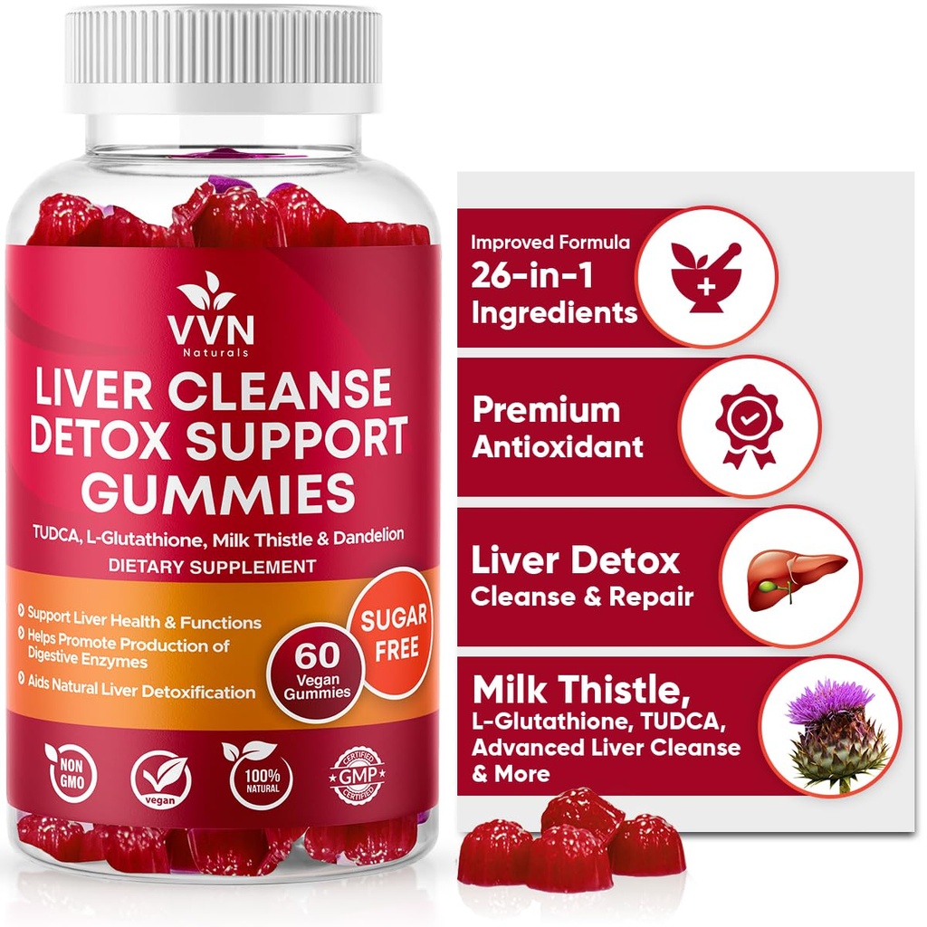 VVNaturals Sugar-Free 26-in-1 Liver Cleanse Detox & Repair Fatty Liver Formula Gummies; Glutathione의 3000mg 혼합, Silymarin 우유 이틀, Choline, TUDCA | Liver Detox Gummies - 60 Vegan Ct