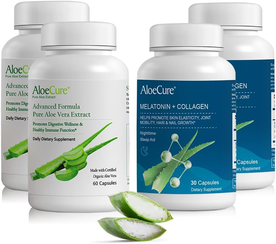 AloeCure 유기 알로에 베라 캡슐 팩 - 4 조각 - 2 x Melatonin + 교원질, 2 x 알로에 베라 캡슐
