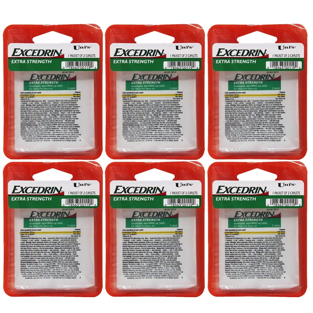Uni's Excedrin 여분 힘 6는 각 소포에 있는 복용량 기복 2개의 모자를 골라냅니다. 두통, 두통, 두통, 두통, 생리통, 일반적인 감기 및 근육통을 완화하는 데 도움이됩니다.