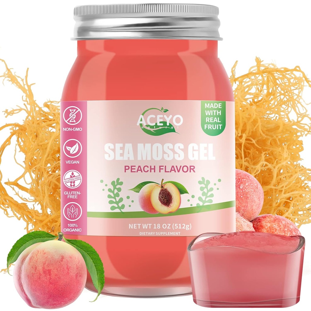 ACEYO (18 OZ) 아일랜드어 바다 Moss 젤 유기 익지않는 Vegan 복숭아 풍미 102 비타민과 무기물 야생 Harvested Non-GMO Immune 방위 승압기 Thyroid 소화 지원