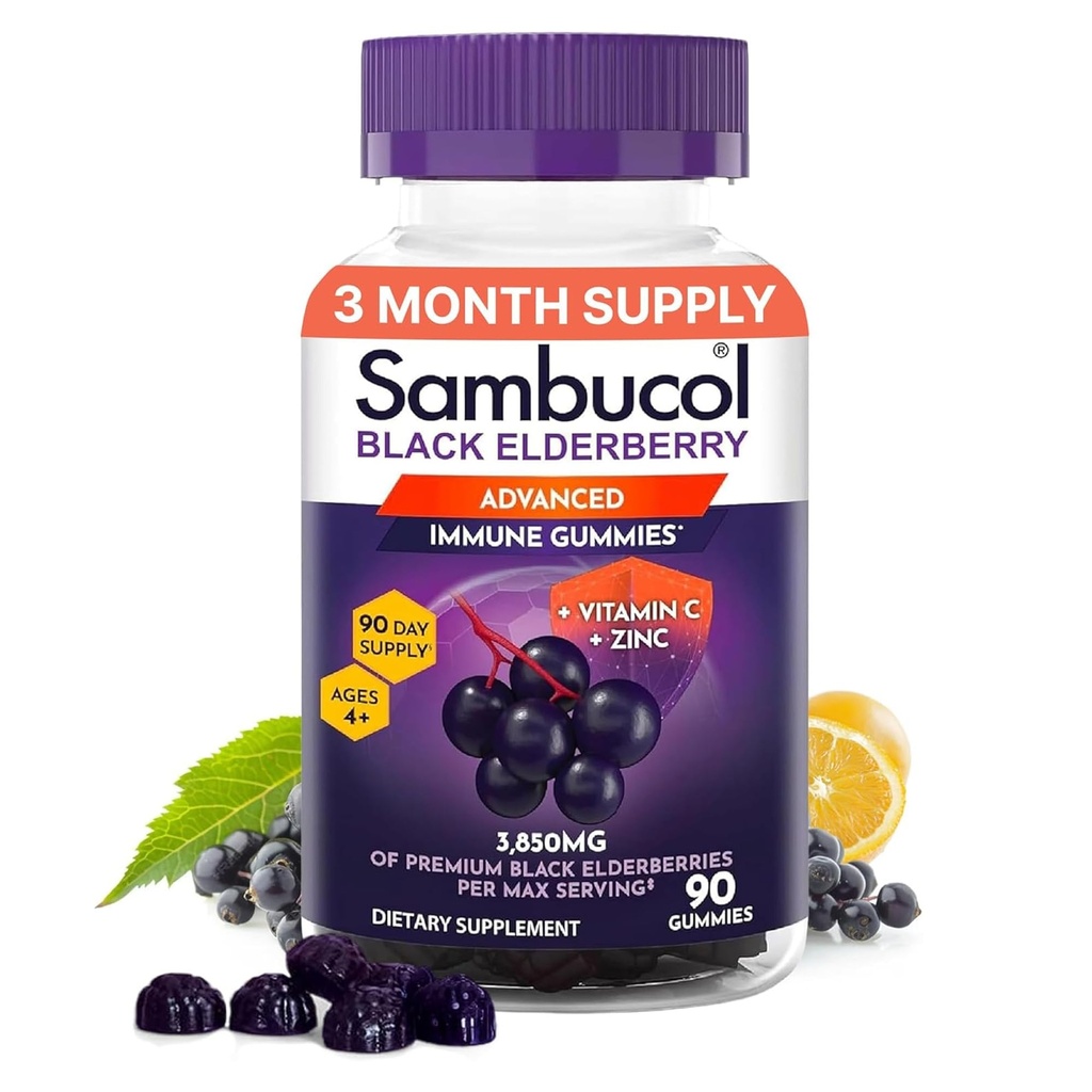 Sambucol Elderberry Gummies for Adults with Vitamin C; 아연; Sambucus Elderberry Gummies for Immune Support with High Antioxidants; Gluten Free; Vegan; 1 Gummy Per 서빙; 90 카운트 (90 일 공급)