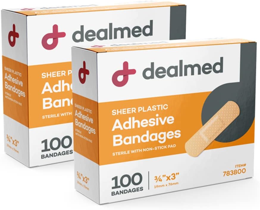 Dealmed Sheer Plastic Flexible Adhesive Bandages - 100 Count (2 Pack) Bandages with Non-Stick Pad, Latex Free, Wound Care for First Aid Kit, 3" x 3/4"