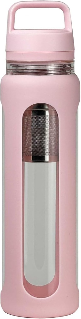 실리콘 슬리브가있는 20oz 유리 물병, 2 층 뚜껑이있는 600ml Mug (Wide Mouth and Small Mouth Straight Drinking) - 체육관 요가 야외 활동 (핑크)