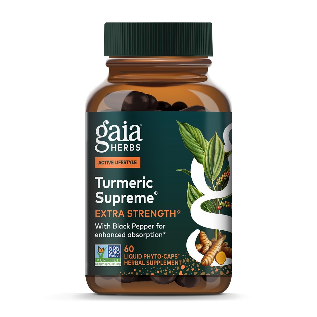 Gaia Herbs Turmeric Supreme Extra Strength - 정상 착용 및 Tear*에서 Occasional Discomfort 지원 - Turmeric Curcumin & Black Pepper - 60 Vegan Liquid Phyto-Capsules (최대 60 일 공급)