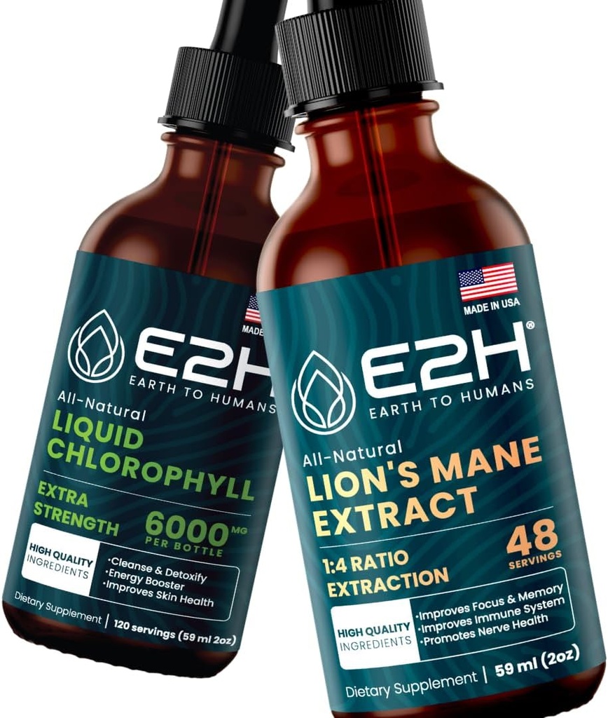 E2H: 액체 클로로필과 사자 Mane 버섯 | Vegan, Non-GMO - 2 Fl Oz 각 (4 Fl Oz 합계) - 번들