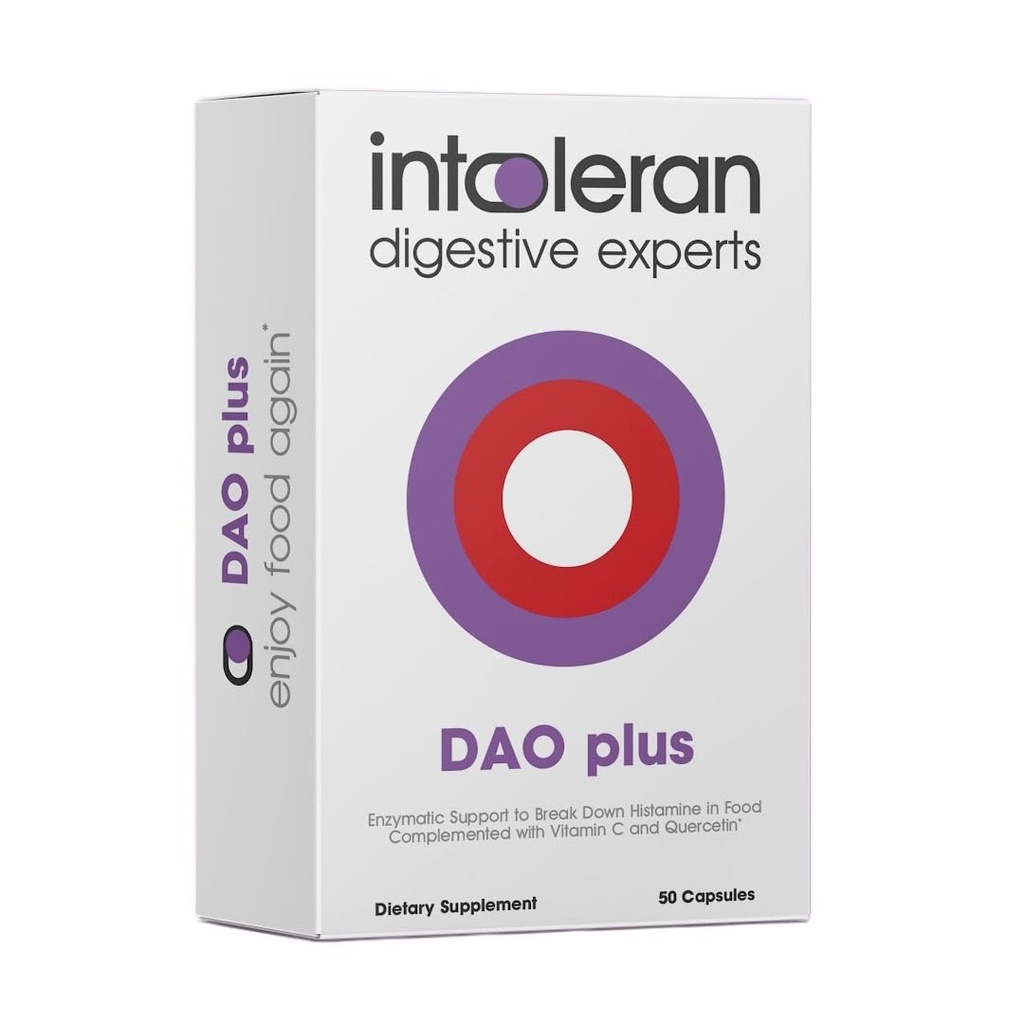 Intoleran DAO Plus 소화 효소 - 50 캡슐 | Histamine Intolerance & DAO 결핍에 대한 보충 | 건강한 Histamine 수준 | 30,000 HDU Diamine Oxidase (DAO) 효소 | 비타민 C & Quercetin