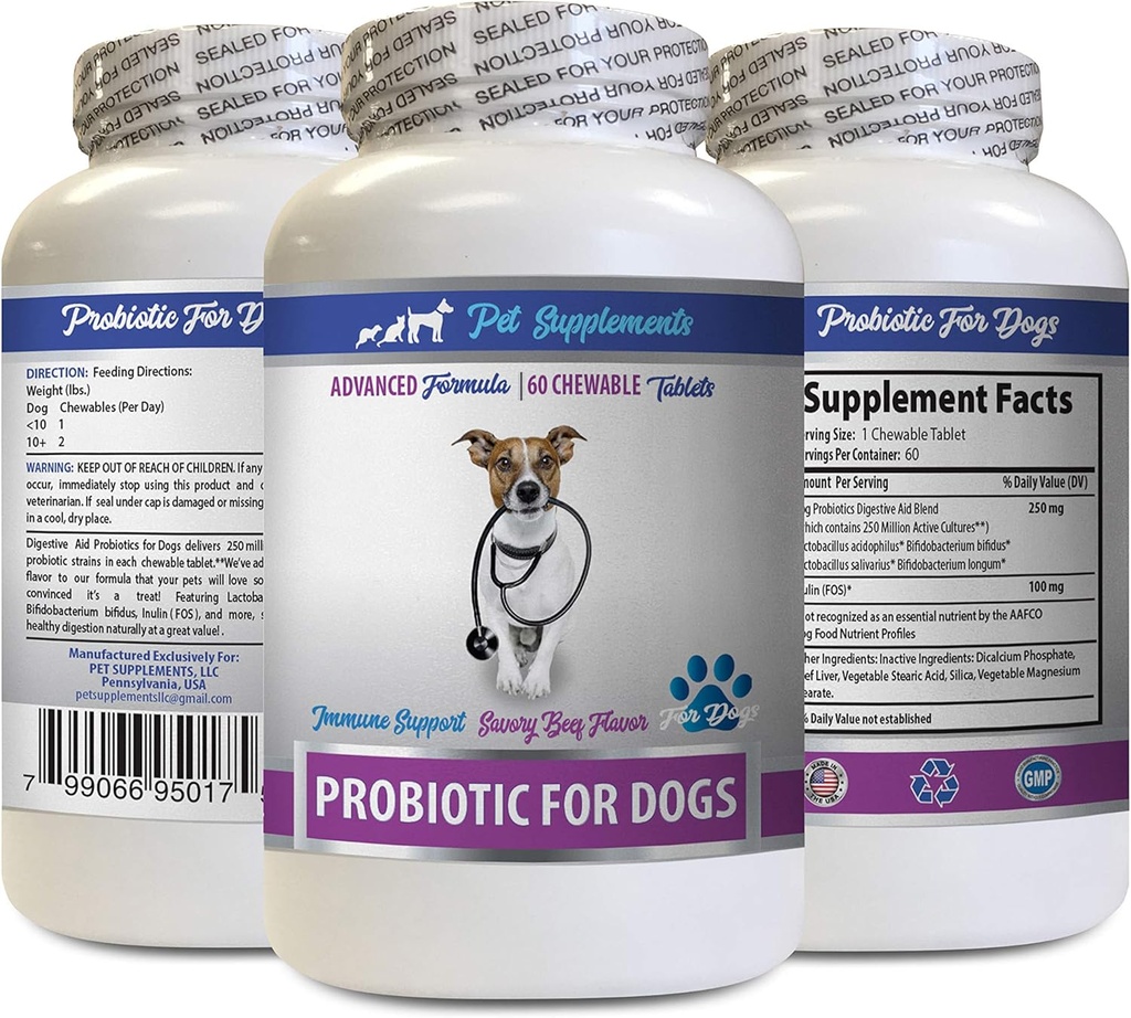 개 나쁜 호흡 제품 - 개를위한 PROBIOTICS - 건강한 구트 - 가스 설사 및 나쁜 호흡 - 소화 부스트 - 개 프로바이오틱스 쉬블 버디 - 1 병 (60 치료)