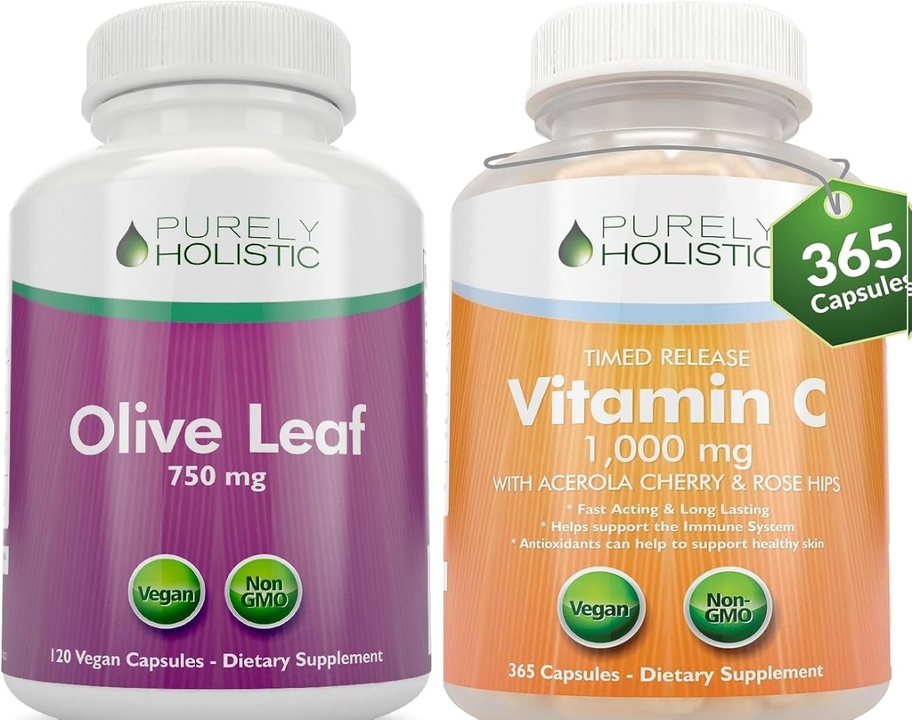 순수 홀리스틱 올리브 리프 추출물 750mg + 비타민 C 1000mg 2 단계 릴리스 번들 - 485 Vegan 캡슐 - 미국에서 만든
