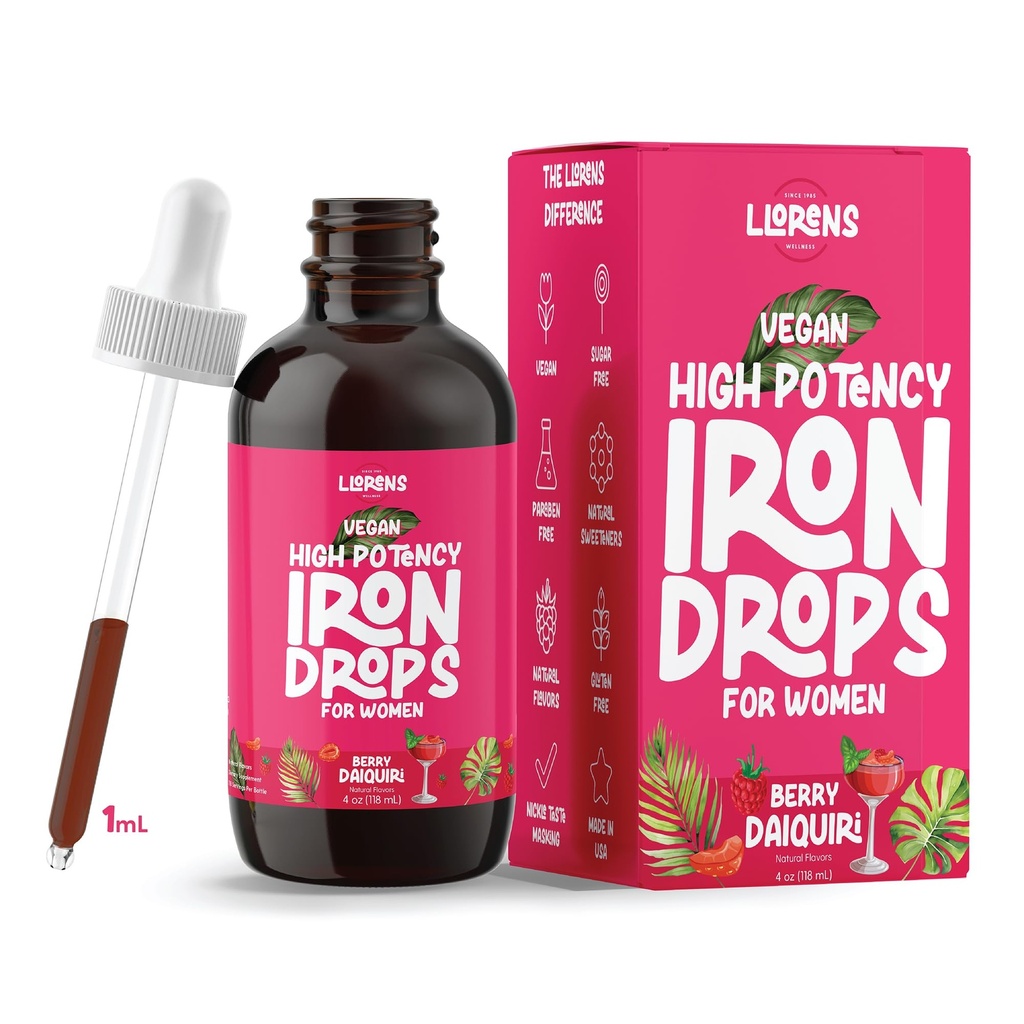 LLORENS PHARMACEUTICAL Iron Supplement for Women Iron Drops 매일 지원, 다당류 복잡한 무료 맛의 20mg, 자연 감미료, 채건 및 파라벤 무료 (베리 다이퀴리, 4 Fl Oz)