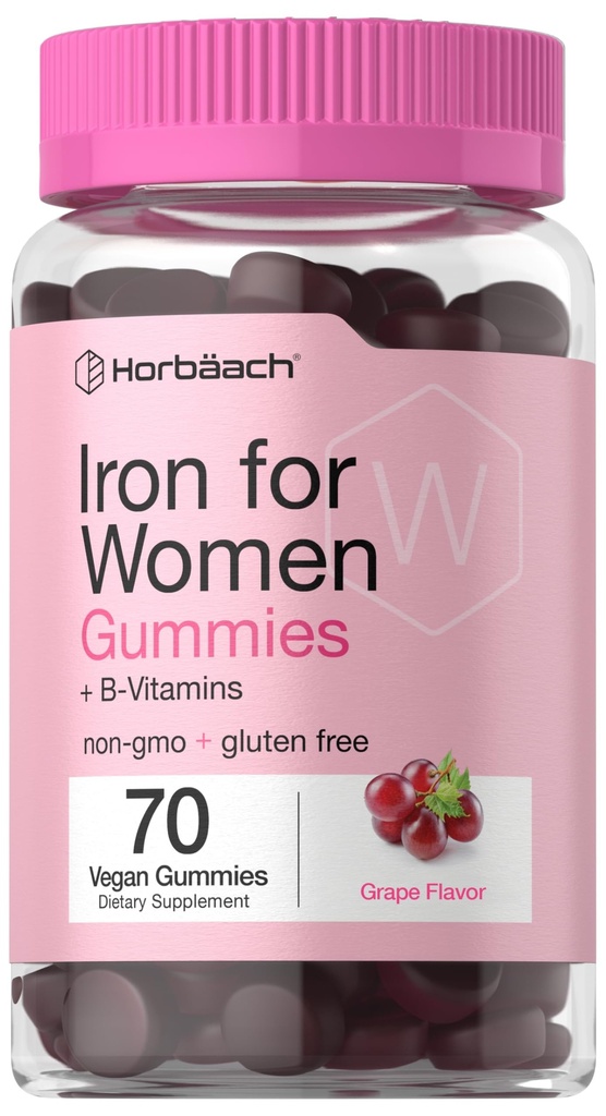 여성용 Horbäach Iron Gummies | 70 개 | 포도 맛 | B 비타민 Folate와 아연으로 보충 | Vegan, Non-GMO & 글루텐 무료
