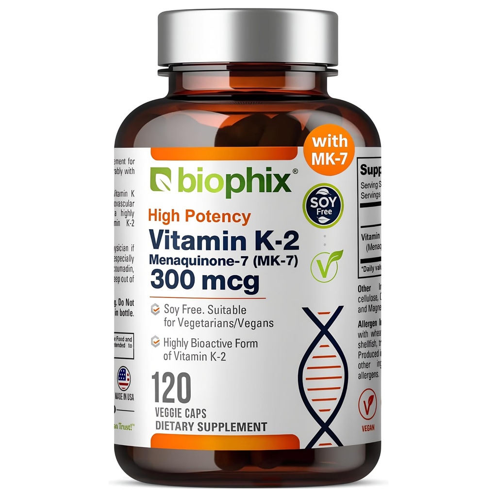 비스듬한 비타민 K2 MK-7 300mcg, 120 Vegan 캡슐 - 뼈 힘과 면역 건강을 위한 높 순수성 보충교재