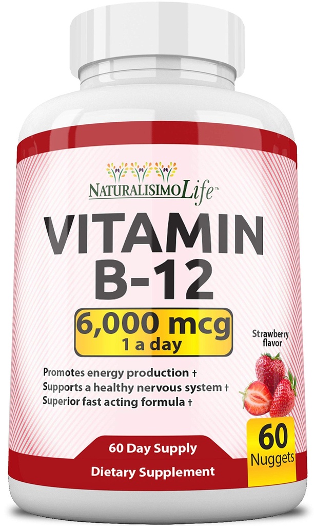 NaturalisimoLife 비타민 B12 6,000 mcg - 빠른 용해 딸기 풍미 누워 - 60 Nuggets, 비 GMO, Vegan, 글루텐 무료