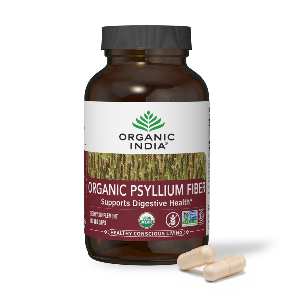 ORGANIC INDIA Psyllium Husk 캡슐 - 섬유 보충교재, 건강한 제거 - Vegan, Keto 친절한, 글루텐 자유로운, USDA는 유기, 비 GMO, 녹는 & 불용성 섬유 근원 - 180 조사를 증명했습니다
