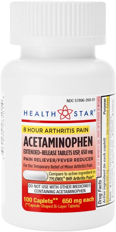 GeriCare Acetaminophen Extended-Release Arthritis 650mg Caplets, 통증 Reliever, 관절염 증상, Fever Reduction, 100 개 (팩 1)