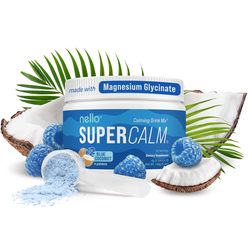 Nello Supercalm는 음료 믹스, 블루 코코넛, L Theanine, Ksm-66 Ashwagandha, 마그네슘 글리세라이드, 비타민 D 3, Relaxation & Focus, No Sugar, Non GMO, On Go, 30 Srvgs에 대한 보충제를 분말