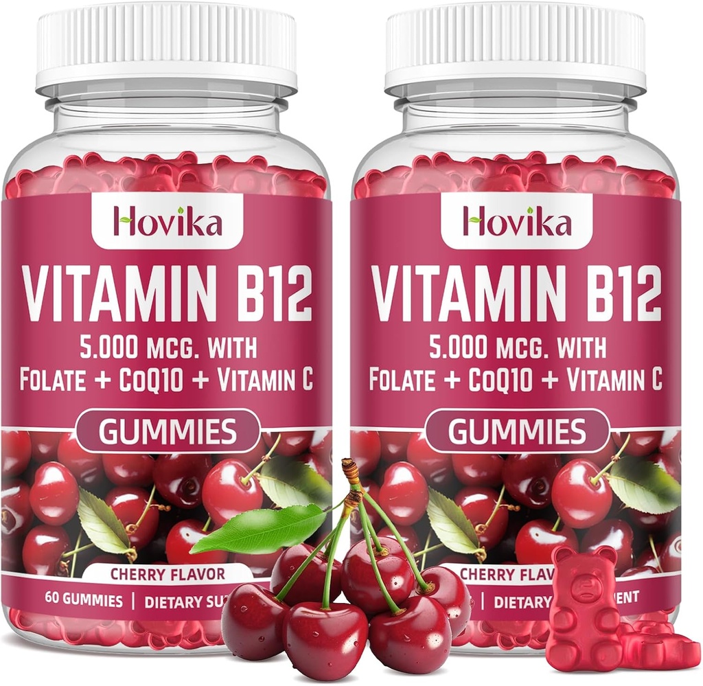 비타민 B12 복합 5000 mcg 메틸 B12, Adenosyl B12 & Hydroxy B12, Coenzyme Q10와 더불어, Folate, 비타민 C, 에너지 지원, 대사, 뼈 건강 - 체리 풍미, 2 팩